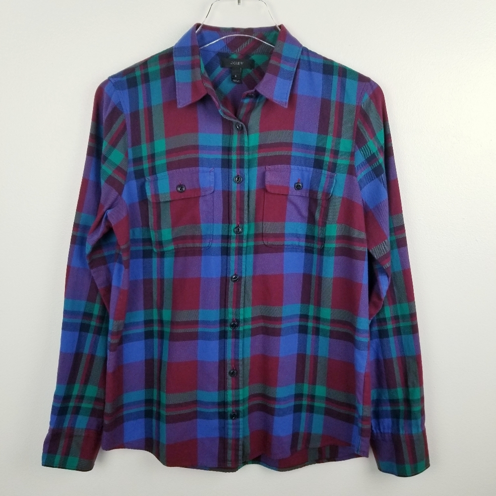 J. Crew Plaid Button-Down Shirt in Burgundy, Blue & Green